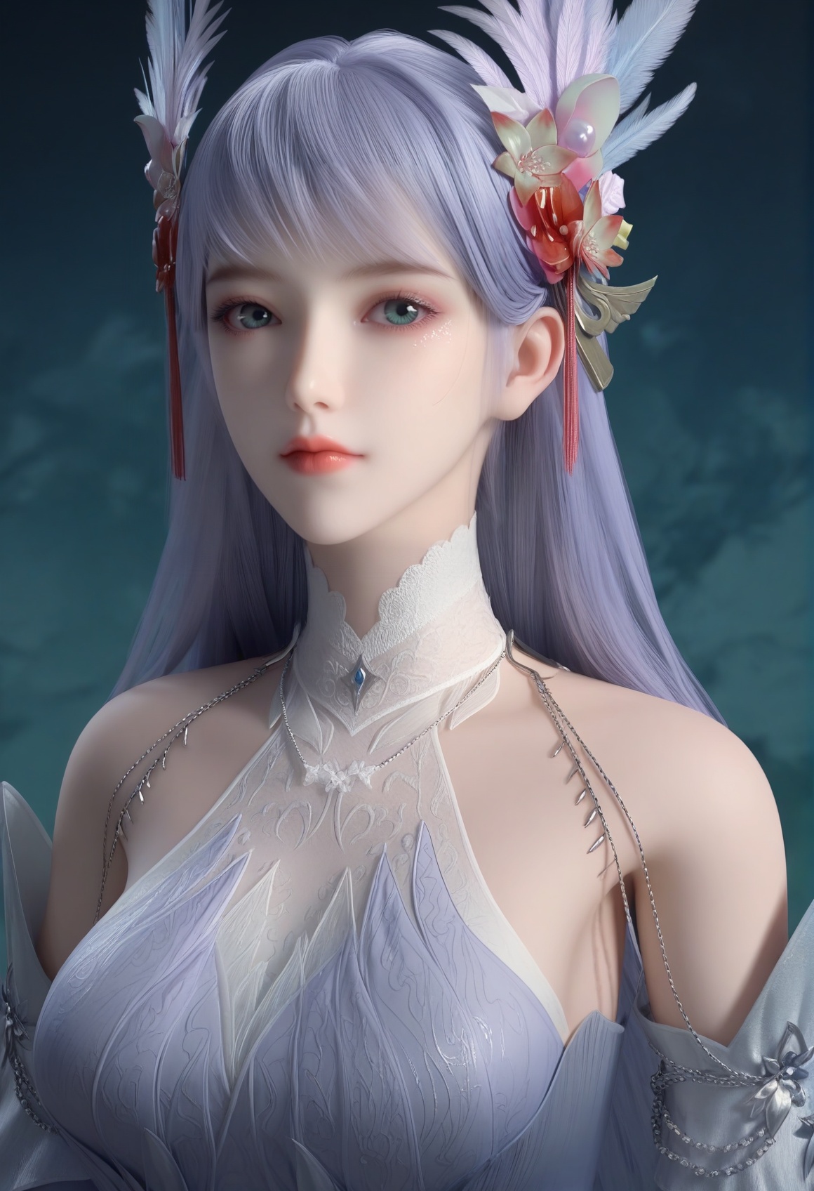 (score_9),<lora:林玥-apony-000008:0.83>,lingziyue,long hair,feather hair ornament,hair ornament,hair flower,bangs,detached collar,jewelry,dress,detached sleeves,bare shoulders,green eyes,light blush,(looking at viewer),(front view),(upper body),1girl,solo,<lora:Expressive_H-000001:0.8>,collarbone,(glamor:1.2),(mature_female),(double_v:1.3),(white_skin),(fair_skin:1.1),<lora:e肤色滑块:0.35>,ultra-detailed skin texture,detailed textures,BREAKsimple background,(black background),ultra-detailed skin texture,detailed textures,4K ultra HD,sharp focus,high detail,natural lighting,high contrast,