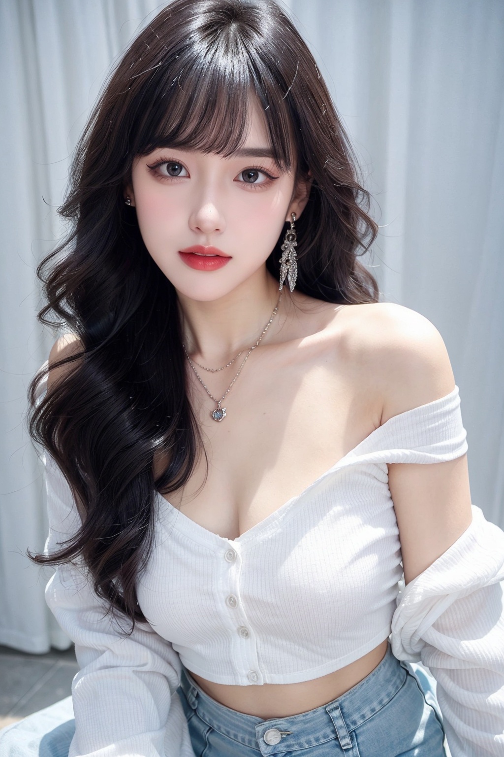 1girl, bangle, bare shoulders, bracelet, breasts, cleavage, collarbone, crop top, ear piercing, earrings, grey eyes, jewelry, long hair, looking at viewer, medium breasts, midriff, necklace, off-shoulder shirt, off shoulder, piercing, shirt, skirt, solo, white hair <lora:女:0.66>