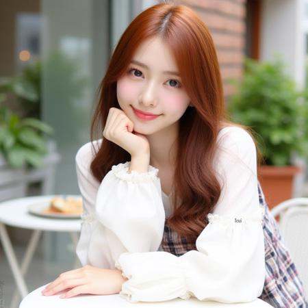 saya is beautiful japanese girl. she is 18 years old. A young woman with long,  wavy,  reddish-brown hair sits at a white...
