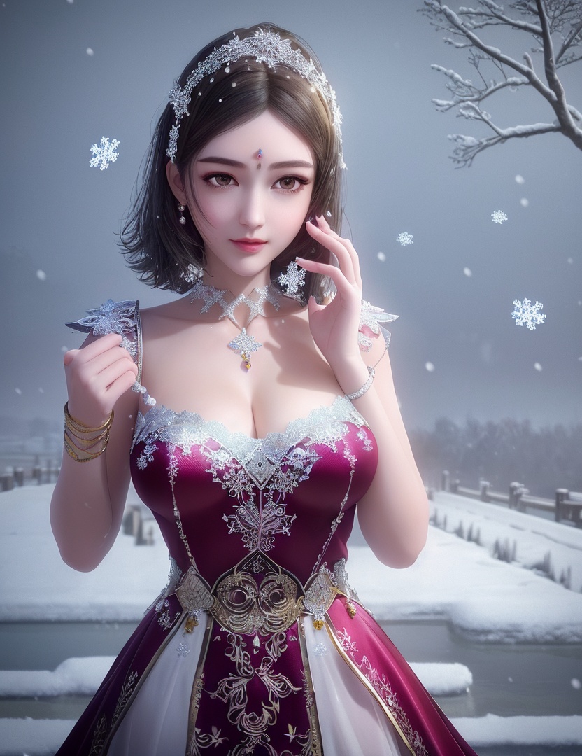 ultra realistic 8k cg, flawless, clean, masterpiece, professional artwork, famous artwork, cinematic lighting, cinematic bloom, perfect face, beautiful face, fantasy, dreamlike, unreal, science fiction,   lace, lace trim, lace-trimmed legwear, luxury, jewelry, diamond, gold, pearl, gem, sapphire, ruby, emerald, intricate detail, delicate pattern, charming, alluring, seductive, erotic, enchanting, hair ornament, necklace, earrings, bracelet, armlet,halo,autumn,((,1girl, pov,best quality, ))  , ((((1girl, solo,outdoors, large breasts,,snowflakes,  snow, snowing,   ))))    <lora:DA_BaiCai:0.7>