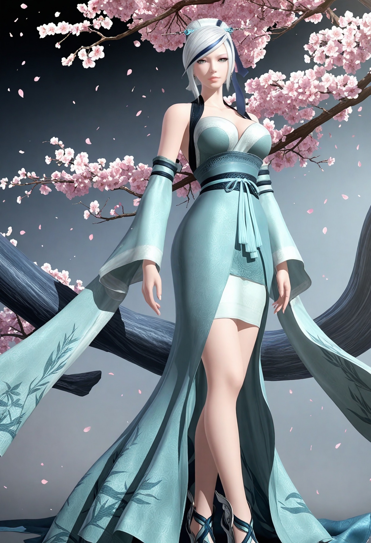 (looking at viewer:1.1),(moody lighting:1.1),peach blossom,falling petals,(large breasts:0.8),xiaomeng,1girl,solo,white hair,hair ornament,bare shoulders,grey eyes,lips,single hair bun,dress,earrings,cleavage,jewelry,detached sleeves,streaked hair,hair stick,makeup,wide sleeves,high_heels,standing BREAK masterpiece,(best quality),(intricate details:0.9),(realistic skin:1.2),<lora:QQSillxiaomengV1:0.8>,
