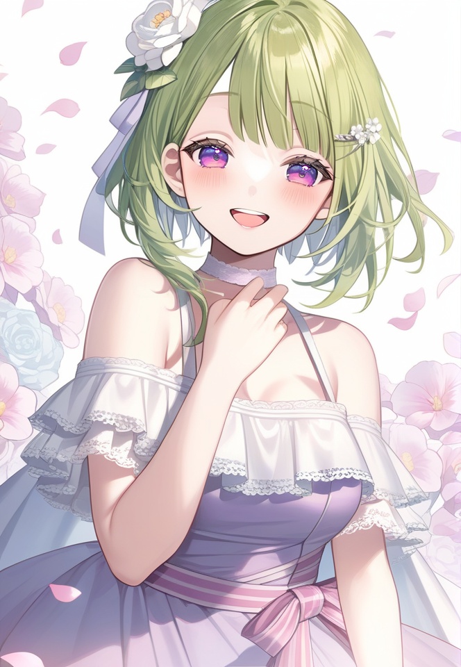 (best quality), ((masterpiece)), (highres), illustration, original, extremely detailed, <lora:淡彩の华美病娇:0.7>1girl, solo, flower, hair ornament, smile, hair flower, looking at viewer, blush, green hair, open mouth, white background, petals, purple eyes, bangs, dress, multicolored eyes, choker, bare shoulders, short hair