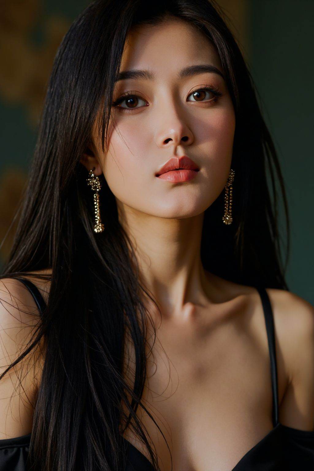 cinematic film still HDR photo of 1girl,solo,long hair,breasts,black hair,dress,cleavage,bare shoulders,brown eyes,jewelry,collarbone,upper body,earrings,black eyes,lips,realistic