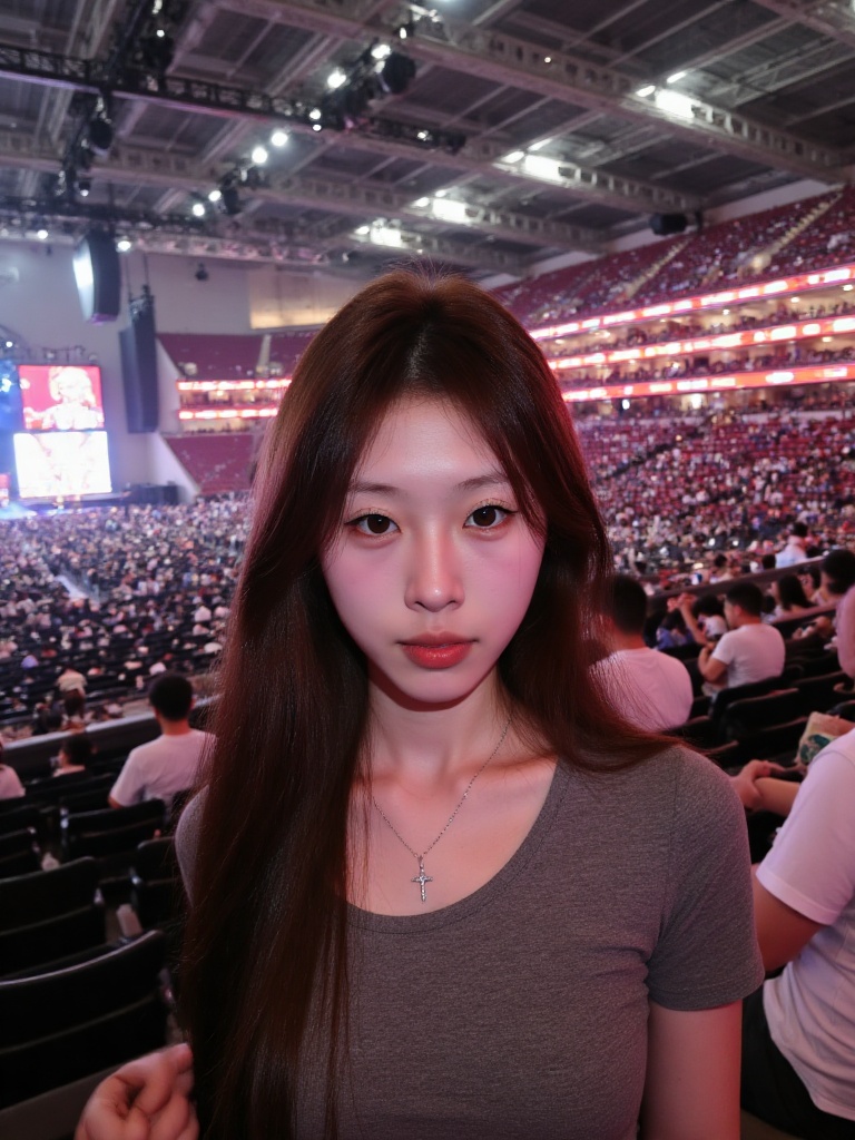 The image is a photograph capturing a young Asian woman with long,straight,dark brown hair and fair skin standing in a large indoor arena filled with numerous spectators. She has a delicate,oval-shaped face with subtle makeup,including light pink lipstick and a hint of blush. Her large,almond-shaped brown eyes are slightly gazing to the side. She is wearing a fitted,short-sleeved,grey t-shirt that accentuates her slender build and small to medium-sized breasts. Around her neck is a thin,silver chain necklace with a small cross pendant.,In the background,the arena is filled with rows of black seats,many of which are occupied by people,some of whom are wearing white shirts. The upper sections of the arena are illuminated with bright red and blue lights,and there are large screens displaying various images and text. The ceiling of the arena is high,with visible structural beams and lighting fixtures. The overall atmosphere suggests a lively event,possibly a concert or sports game,given the crowded seating and lighting setup. The woman is positioned slightly to the left of the center of the image,with the background details providing context to the setting.,