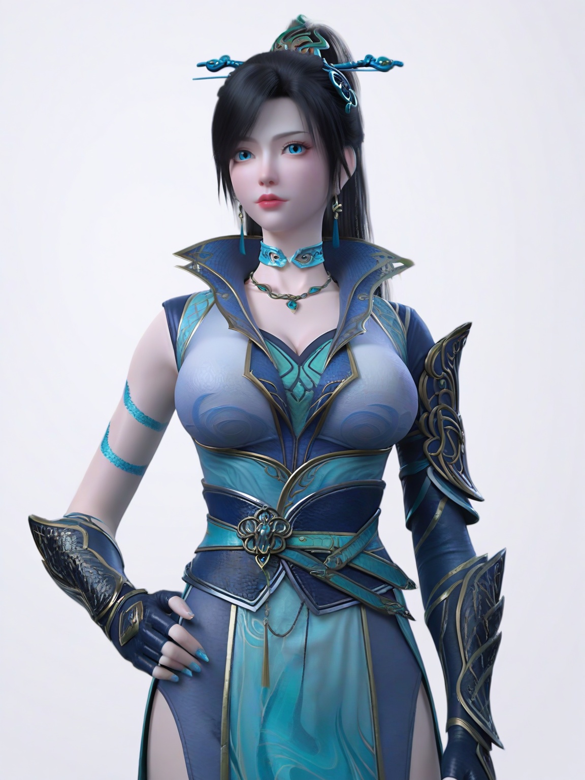 score_9,1girl,solo,dress,earrings,hair ornament,black hair, large breasts,long hair,blue eyes,standing,lipstick,cowboy shot,fingerless gloves,looking at viewer,white background,simple background,<lora:SF_QingLin_Pony_Realism2.3:0.7>,