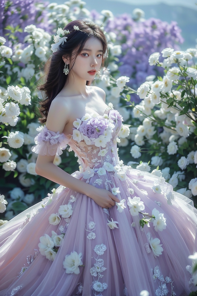 (best quality, masterpiece:1.3),1girl,dress,solo,flower,white flower,breasts,earrings,black hair,cleavage, (looking_at_viewer:1.4),(eye-contact:1.4), jewelry: spring_flower, (Purple wedding dress:1.4), Tindal Light, <lora:YG花海:0.7>,