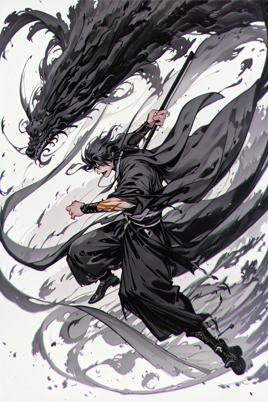 shuimo,<lora:**_v1.0:0.8>,1boy,solo,young swordsman,qingshan zhangjian,leap over the bamboo forest,sunshine mottled,vibrant and vibrant,national style comics,spring is everywhere,tripartite composition,dynamic perspective,