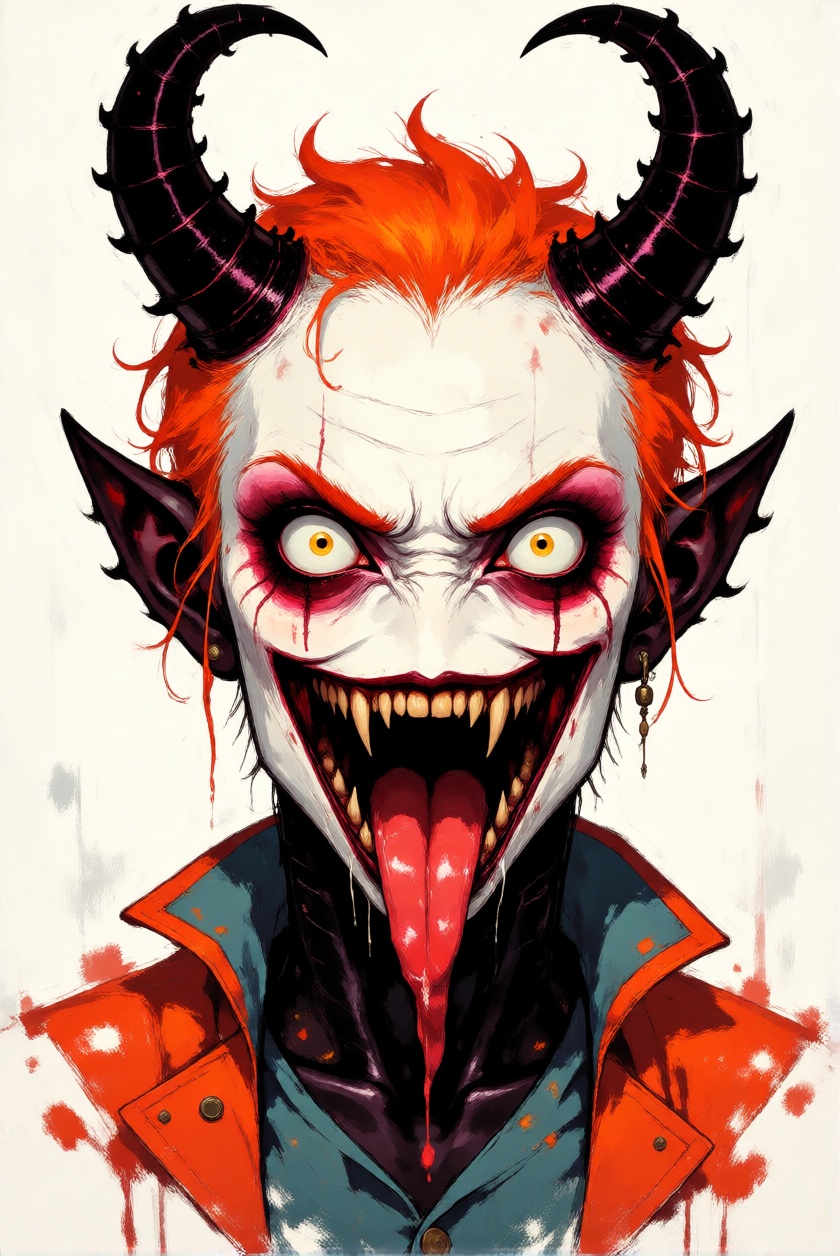 RawColorDaal,  a painting of a demon with horns and horns on his head,  painted in vibrant colors against a white backgrou...