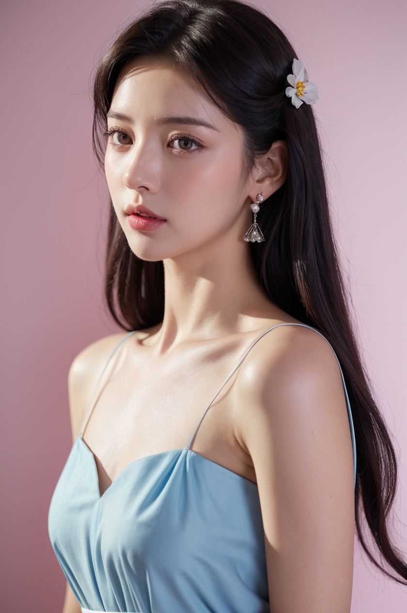 1girl, solo,(front view:1.2),(looking_at_viewer:1.4),(eye-contact:1.4),,black hair, long hair, jewelry, realistic, earrings, hair ornament, black eyes, lips, collarbone, parted lips, flower, watermark, upper body, portrait, hair flower, dress, web address,  <lora:YG红颜阁美女2:0.75>,