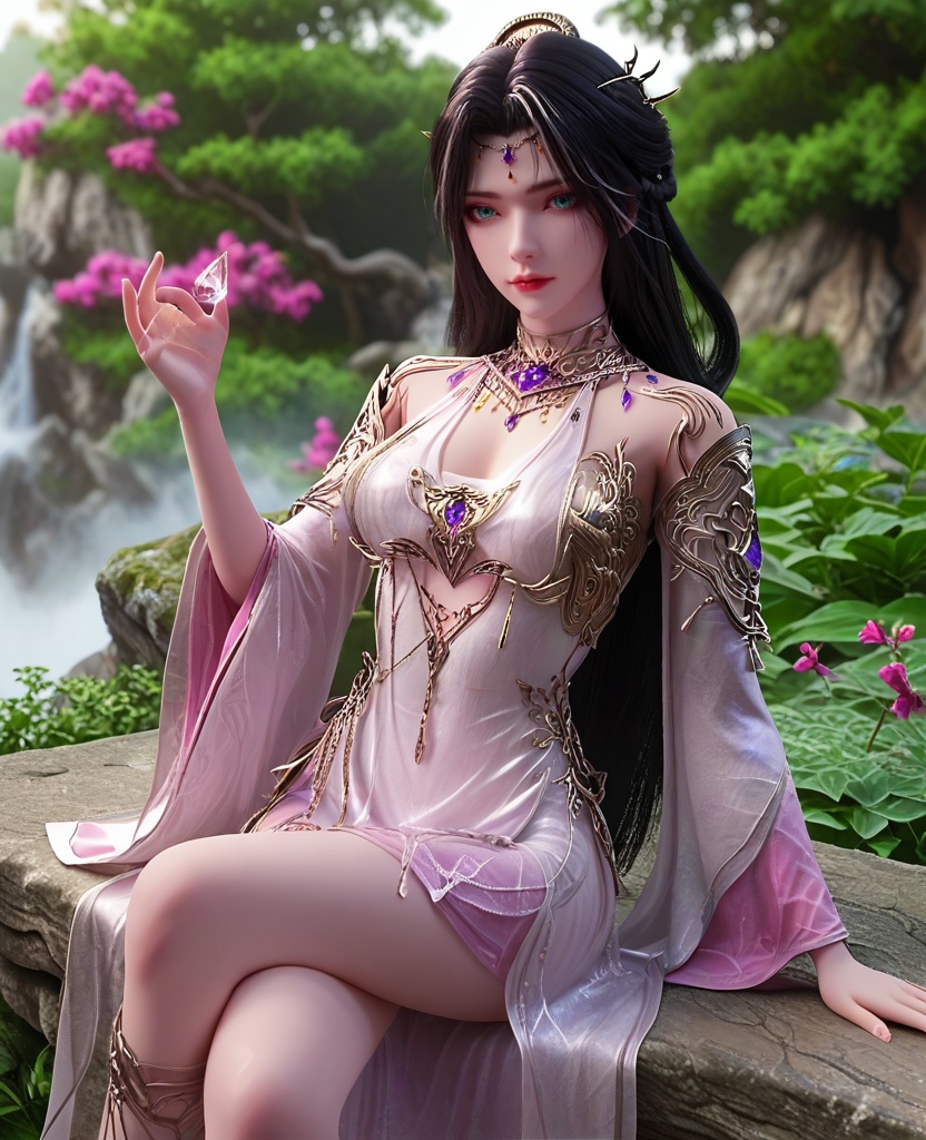 (oriental architecture, elegant decor, sophisticated style:1.1),sitting, crossed legs,(breasts:1.2),<lora:XL16完美世界魔女真身:0.95>,miss monv,solo,white dress,aqua eyes,black hair,hair with white highlights,long hair,hair ornament,metal collar,gem,jewelry,gambeson,pink cuffs,see-through underskirt,, zPDXL2, score_9, score_8_up, score_7_up BREAK realistic, masterpiece,best quality, highly detailed,