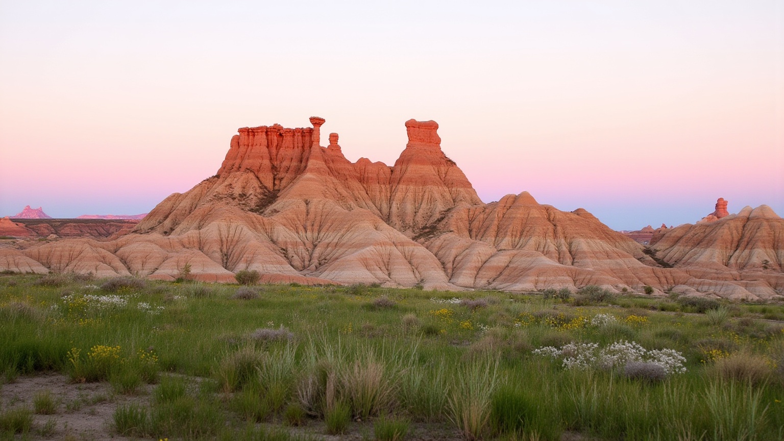 This is a high-resolution photograph of Badlands National Park in South Dakota,  USA. The image captures the rugged,  othe...