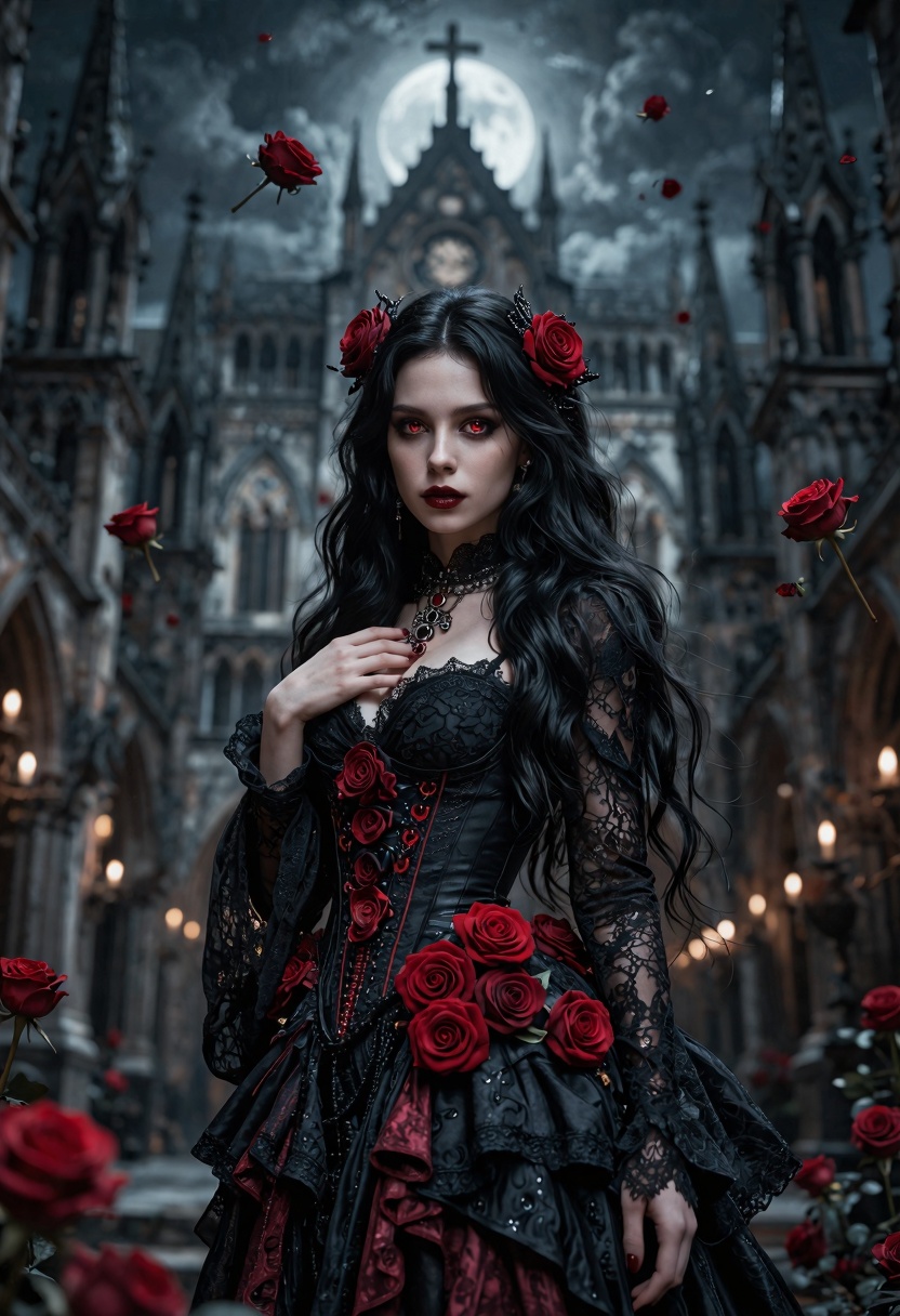 masterpiece,  breathtaking gothic woman with long black hair,  crimson eyes on Tensor.Art