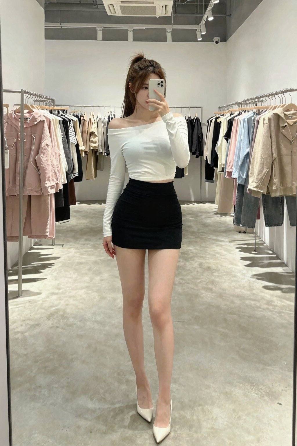 <lora:20260226_TinZITLBSWSliderLora_000000090:-2>, This is a high-resolution photograph of a young Asian woman taking a mirror selfie in a modern, brightly lit clothing store. The woman has fair skin and long, straight brown hair tied back in a high ponytail. She is wearing a tight, off-the-shoulder, long-sleeve white crop top that accentuates her small to large breasts. Her outfit includes high-waisted, black short skirt that fit snugly and reveal her toned legs. She is also wearing sheer, adding a touch of sensuality to her look. Her footwear consists of shiny, white high heels that add height to her already tall stature. The store's interior is minimalist and modern, featuring a polished concrete floor, white walls, and exposed ductwork on the ceiling. The background showcases neatly arranged clothing racks filled with a variety of garments, predominantly in pastel shades of pink, beige, and light blue, contributing to the overall calm and stylish ambiance of the space. The photograph is professionally styled, with a focus on the woman's fashion-forward attire and the clean, contemporary setting.
