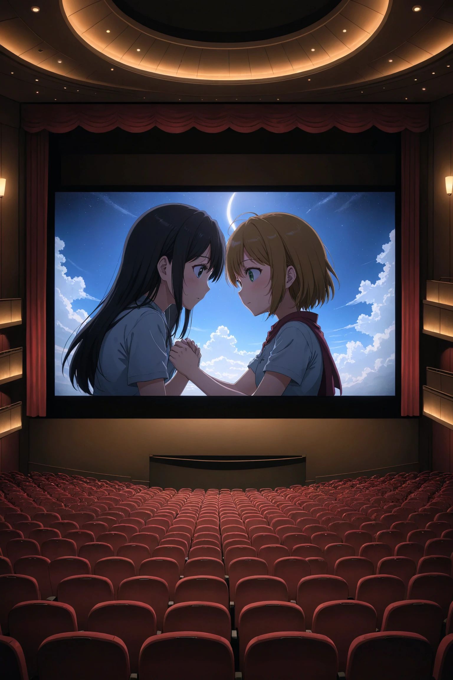 A touching scene from an anime displayed on a movie theater screen. on Tensor.Art