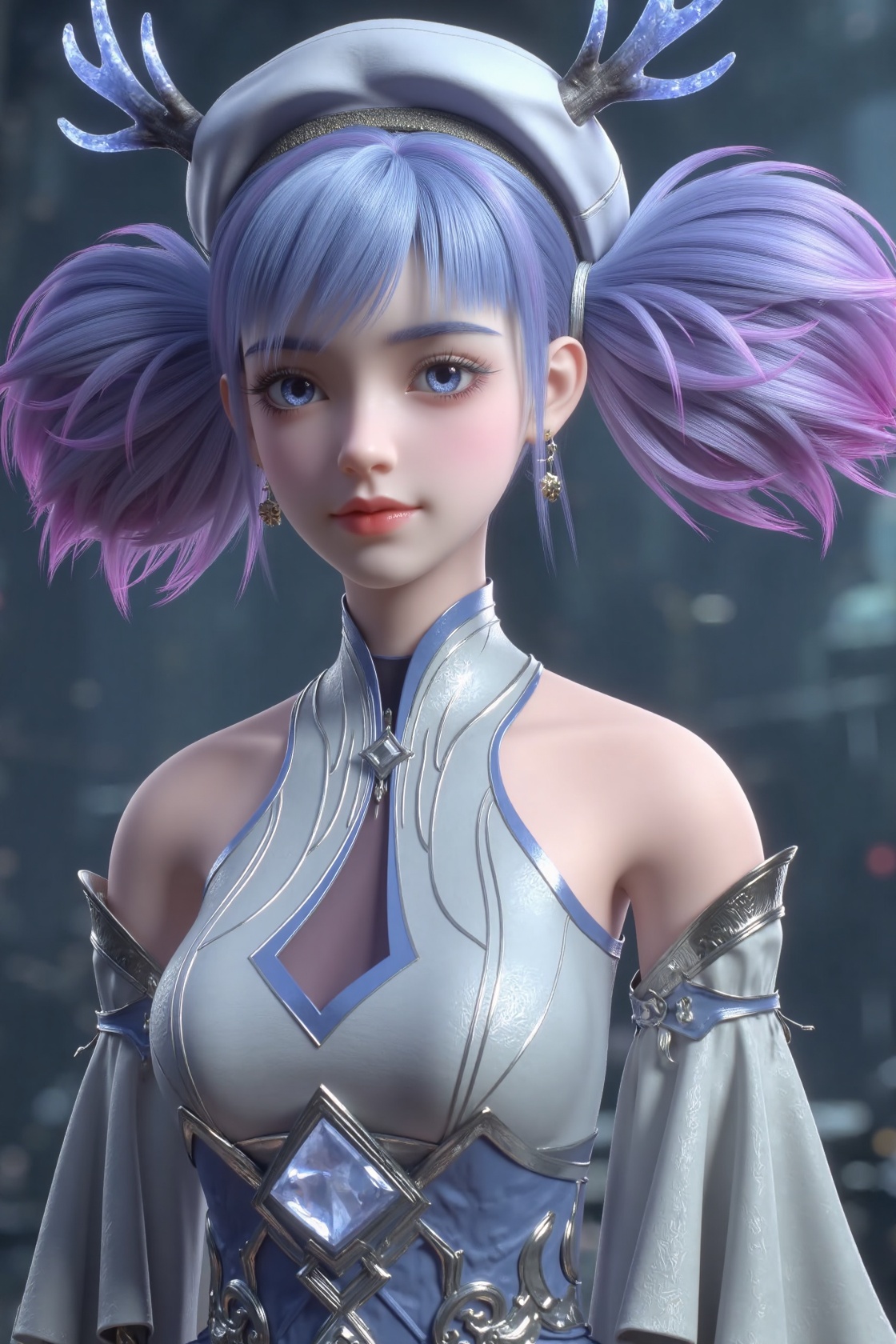 Generate an image of a character named Xiaolu. She has enchanting purple hair styled in twin tails,sometimes with lavender hair and purple tips or blue and pink pigtails. Her look is inspired by East Asian aesthetics. Wearing a futuristic fantasy outfit predominantly in white,silver,blue,and purple,she dons a high-collar dress with off-shoulder sleeves and a frilly skirt paired with thigh-high stockings. Accessories include a white beret adorned with antlers or blue feathers,an ornate headpiece,a silver choker,large earrings,and intricate jewelry. The overall style blends pastel tones with metallic accents,creating a kawaii fantasy aesthetic. The scene should have ethereal lighting and a magical atmosphere,emphasizing detailed facial features and sharp focus for a studio-quality render.,