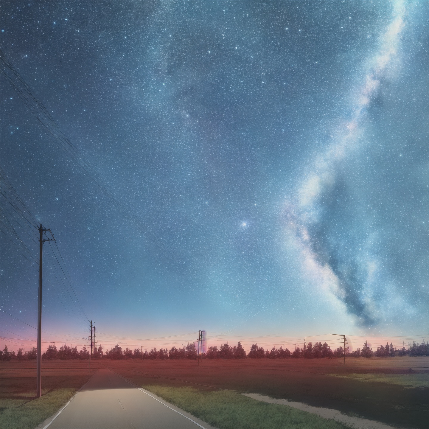 star \(sky\), no humans, scenery, sky, night, outdoors, starry sky, night sky, milky way, power lines, road, utility pole, blue theme, grass