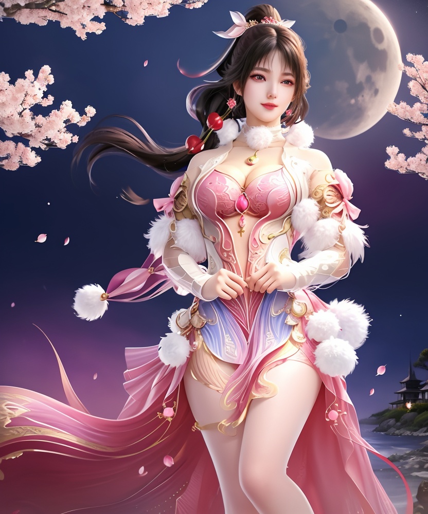 (,1girl, ,best quality, ),looking at viewer, <lora:454-DA-永劫无间-斗罗大陆-小舞:0.8> ,, ,masterpiece,(( , )),, realistic,science fiction,mole,,ultra realistic 8k cg,     ,cherry blossoms,,night, night sky, crescent moon, moonlight,,(facing viewer, looking at viewer, , ),  (cleavage), (),