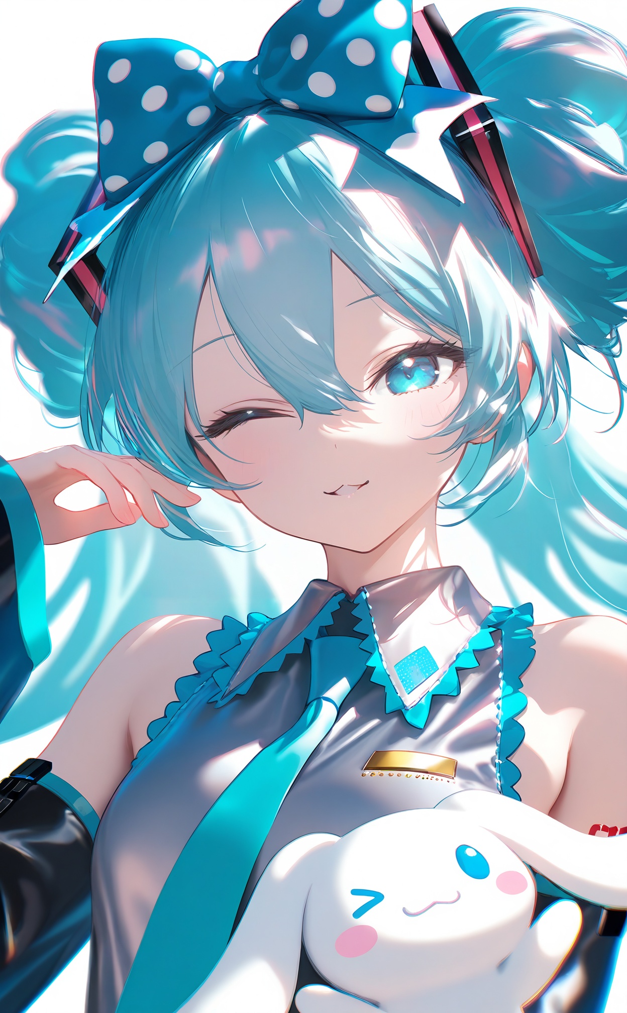 masterpiece,highres,absurdres,newest,best quality,high quality,loli,petite,chromatic_aberration,//,1girl, cinnamoroll, bow, hatsune miku, necktie, detached sleeves, shirt, updo, heart, looking at viewer, hair bow, blue bow, collared shirt, white background, upper body, one eye closed, aqua eyes, sleeveless, hair between eyes, ear bow, simple background, aqua necktie, >_o, aqua hair, open mouth, sleeveless shirt, grey shirt, black sleeves, smile, hand up, polka dot, bare shoulders, blue necktie, aqua bow, blue eyes, blue hair, matching outfits, :3, hatsune miku \(cosplay\), frilled shirt, hair ornament, long hair, parted lips, polka dot bow//,official art,depth of field,detailed light,blurry background,cinematic lighting,ray tracing,ultra detailed,god rays,backlighting,photo background,film grain,chromatic aberration,volumetric lighting,depth of field,blurry background,shiny skin,floating hair,cinematic lighting,day,very aesthetic,//,<lora:MAQ1118——【noob】hans:0.8>,