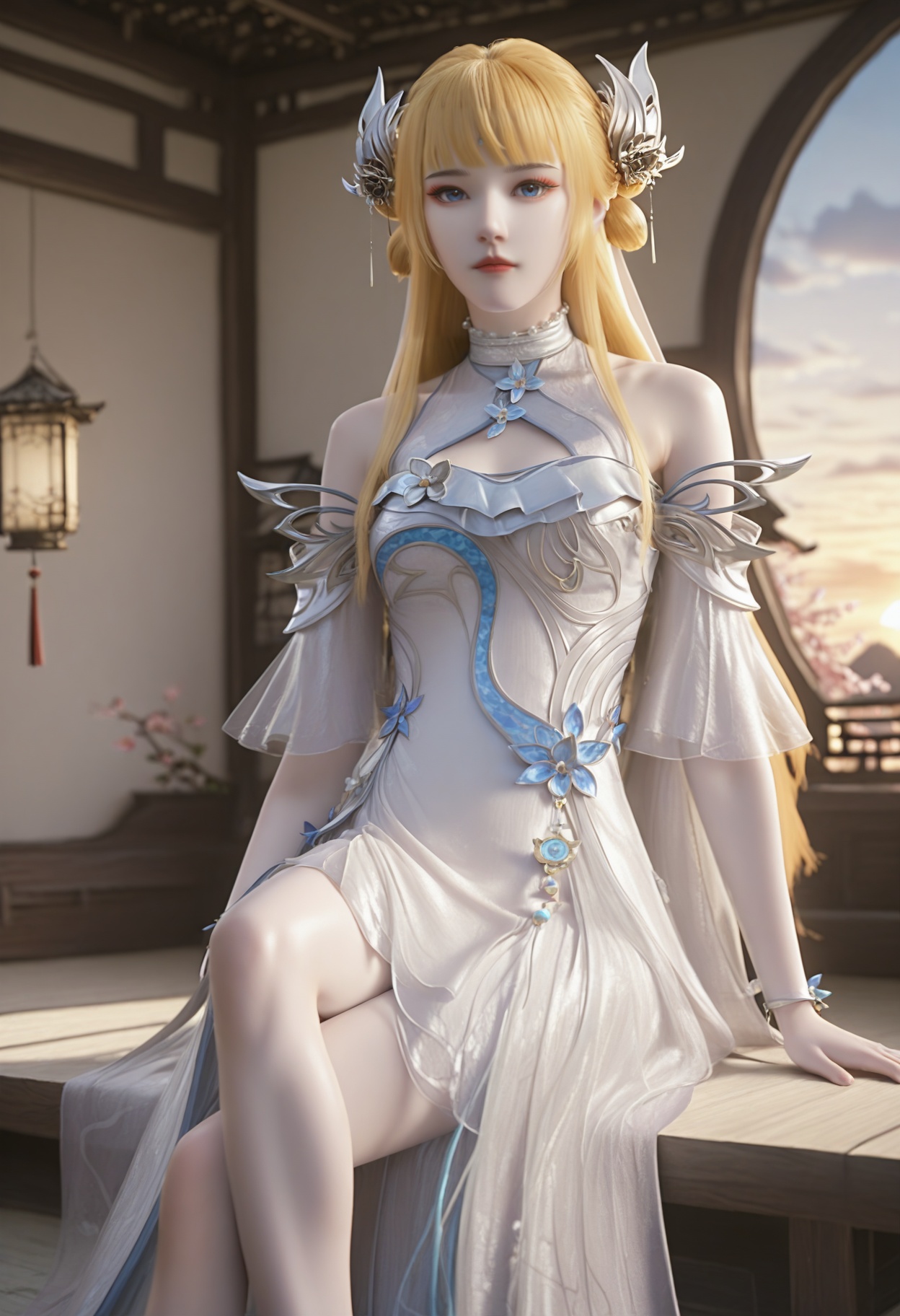Chen_sha,1girl,blonde hair,hair ornament,blue eyes,long hair,bare shoulders,bangs,jewelry,hair bun,<lora:Chen_sha_10_illu-000004:0.75>,dress,white dress,see-through,ribbon,hair ribbon,white ribbon,photorealistic,hyperrealistic,<lora:realistic filter [IL]:1>,pale skin,sitting,crossed legs,lantern,open window,looking at viewer,indoors,mountains,blossoms,flowers,beautiful sunset,east asian architecture,