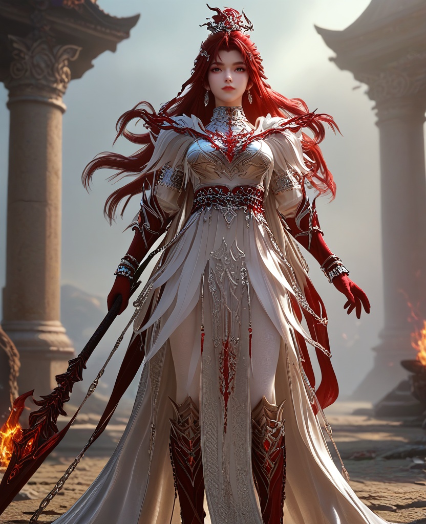 (She stands with her hands in her pockets, looking relaxed and casual.:1.1),looking at viewer,(large breasts:1.2),<lora:XL16云深不知梦炽阳华明白色甲胄:0.95>,female paladin,white peplum dress,red hair,very long hair,hair ornament,hair bun,single earring,jewelry,boobplate,red gloves,sash,bracelet,silvery leggings,boots,holding spear,chain,, score_9,score_8_up,score_7_up,score_6_up,score_5_up,score_4_up,3d rendering,tag1,tag2, Cinematic Lighting,backlighting,