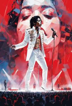 Michael Jackson singing at a standing microphone on a super-wide stage in a really big arena, by conrad roset, greg rutkowski, makoto shinkai, low poly, abstract, style of black and white drawing with red pops of color