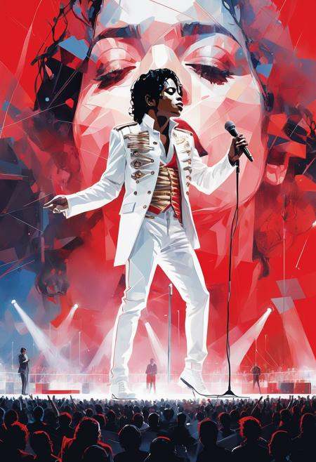 Michael Jackson singing at a standing microphone on a super-wide stage in a really big arena, by conrad roset, greg rutkowski, makoto shinkai, low poly, abstract, style of black and white drawing with red pops of color
