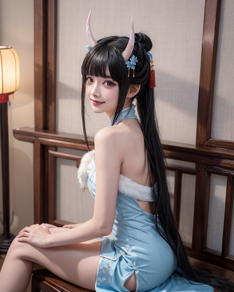 qipao,horns,1girl,dress,black hair,blue dress,chinese clothes,solo,sitting,hair ornament,oni horns,china dress,looking at viewer,purple eyes,long hair,cosplay,bare shoulders,smile,blunt bangs,bangs,indoors,side slit,official alternate costume,fur trim,hair bun,realistic,<lora:qipao_20231203121722:0.5>,