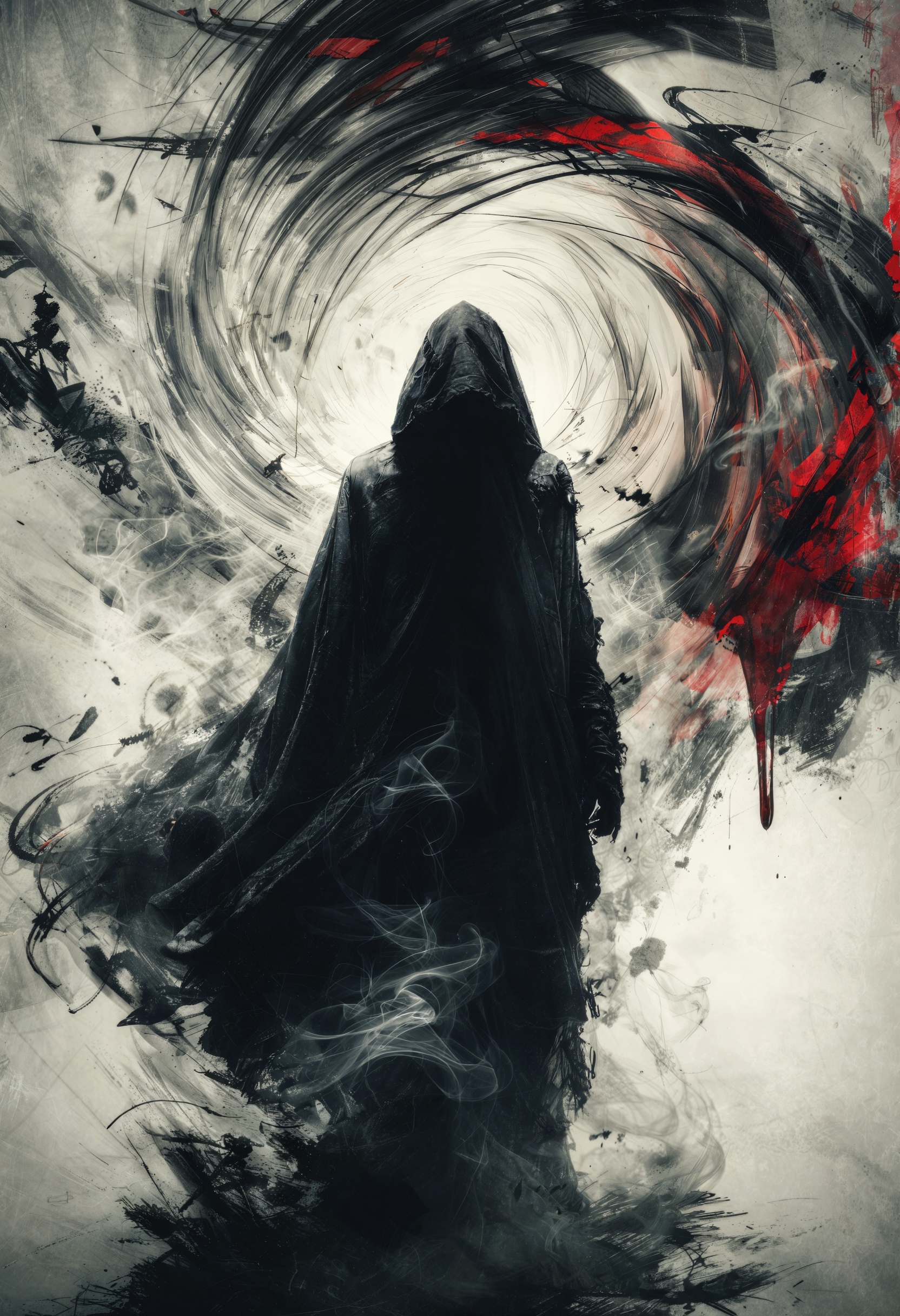 bo-abyss,  The perspective is a low-angle shot,  forcing the gaze upward into a vortex of abstract chaos where a lone figu...