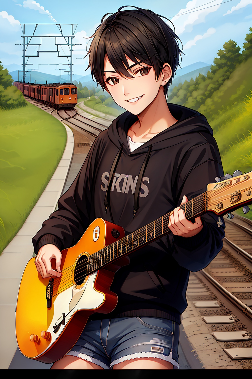 hoodie, shorts, very short hair, evil smile, 1boy, guitar, railroad crossing,， <lora:蔚蓝Blue瑟瑟:0.8>