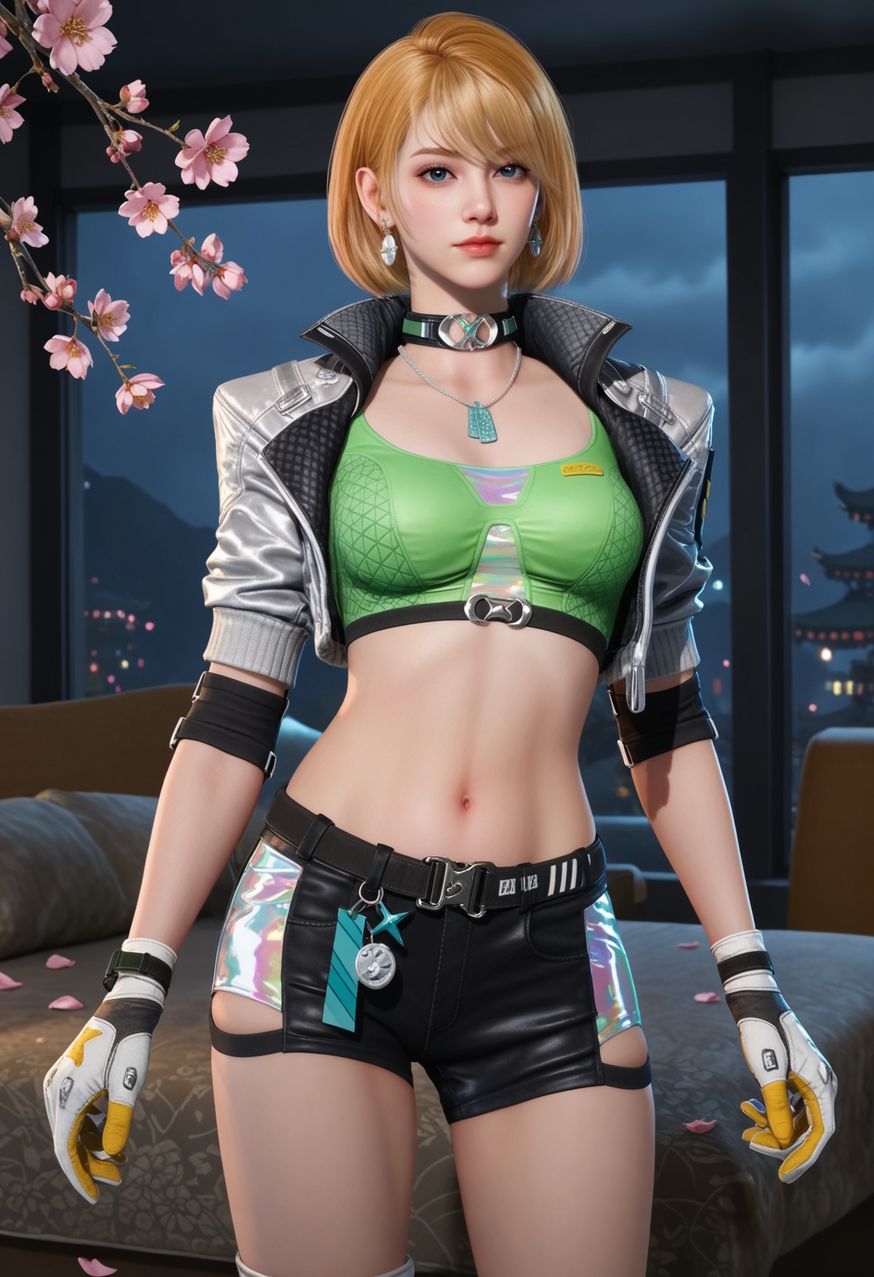 (full_body:1.1),looking at viewer:1.1,masterpiece,(best quality),smog,Dark room,dim lighting,peach blossom,falling petals,<lora:YQ_Illustrious光辉v5_茉莉_V1:0.8>,q1528437228,1girl,blonde hair,jacket,short hair,solo,gloves,jewelry,cropped jacket,crop top,earrings,choker,shorts,short shorts,open jacket,black shorts,boots,dog tags,knee pads,blue eyes,necklace,white gloves,belt,