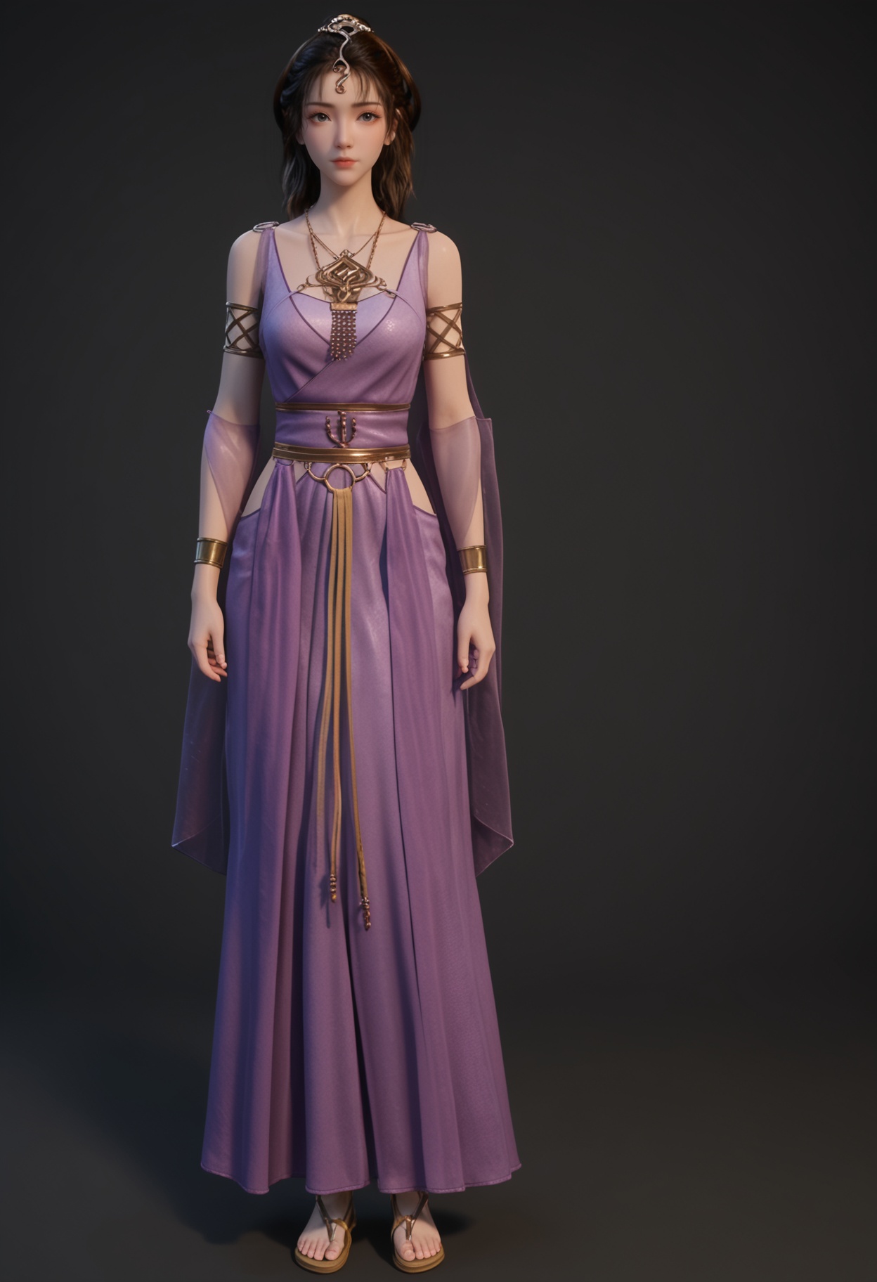 (standing full_body:1.1),score_9,score_8_up,masterpiece,(best quality),intricate details,facing viewer,(looking at viewer:1.1),<lora:YQ_pony_wensiyue_V4:0.8>,q1528437228,1girl,solo,jewelry,blue dress,dress,purple dress,necklace,brown hair,long hair,black hair,hair ornament,bracelet,armlet,brown eyes,sandals,ponytail,sash,black eyes,blue eyes,BREAKscore_9,score_8_up,masterpiece,(best quality),perfect anatomy,(hourglass),perfect face,(simple background,pure black background,black background:1.1),fair_skin,shiny_skin,Ivory_skin,