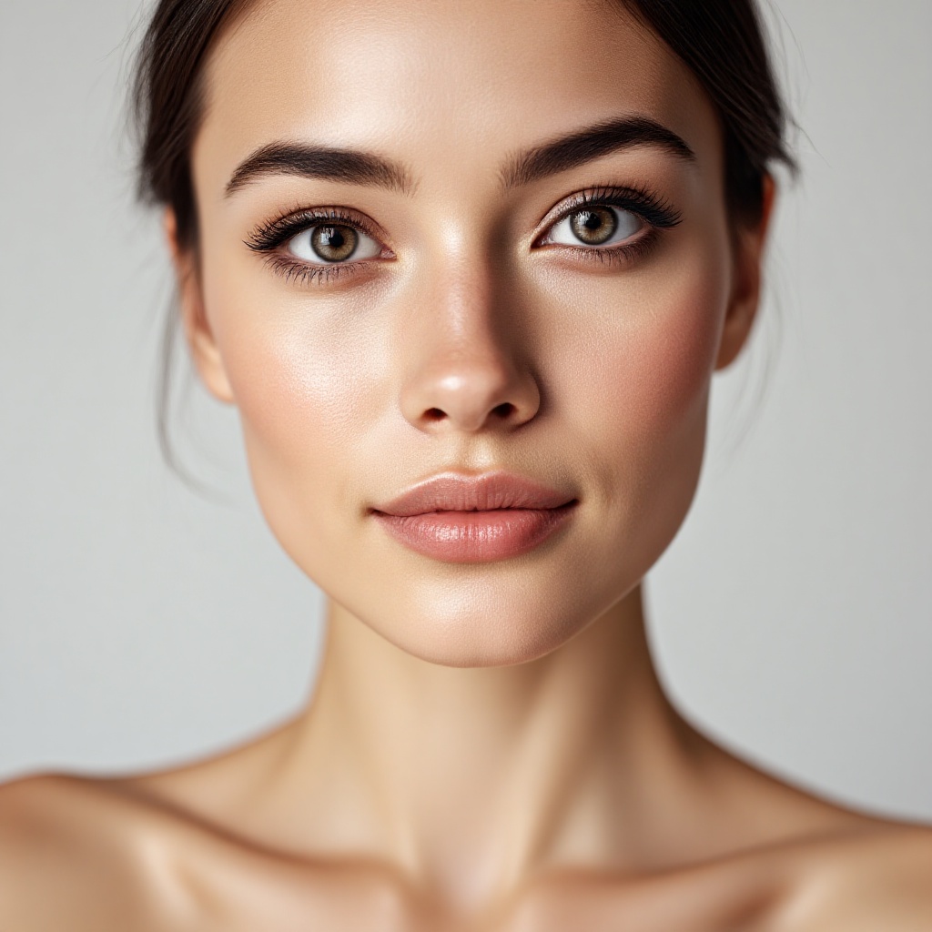 A surreal close-up portrait of a 20-year-old woman looking straight into the camera with a calm and confident expression. Smooth skin,clean skin. The background is neutral and fully focused on her upper body.. ***** in a professional studio using Hasselblad H6D-100c,100mm f/2.2 lens,high-end editing photography,clear details,and soft directional lighting to enhance skin texture.,