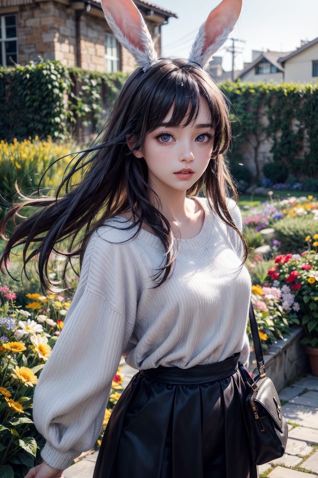 original, (masterpiece), (extremely fine and beautiful), perfect detailed, photorealistic, (beautiful and clear background:1.25), (depth of field:0.7), (1 cute girl stands in the garden:1.1), (cute:1.35), (detailed beautiful eyes:1.3), (beautiful face:1.3), casual, rabbit ear, (blue ear:0.8), long hair, coat, short skirt, hair blowing with the wind, (black eye:1.2), flowers, (little girl:0.65), many flowers <lora:add_detail:1>
