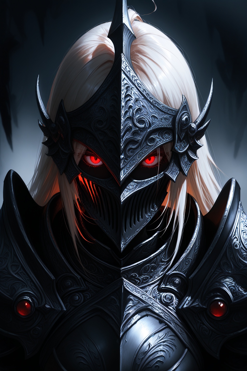 dmsty,masterpiece,best quality,amazing quality,absurdres,newest,ultra-detailed,close-up,upper body portrait,female knight,dark fantasy armor,eerie atmosphere,imposing pauldrons,gothic aesthetic,high contrast,dramatic lighting,deep shadows,battle-worn metal,intricate engravings,mysterious expression,glowing red eyes,cinematic composition,dark environment,moody background,