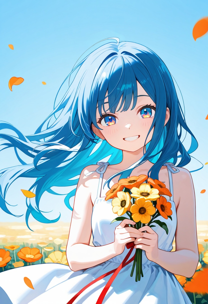 1girl,solo,flower,dress,smile,long hair,holding,holding flower,looking at viewer,white dress,blue hair,blue eyes,bangs,ribbon,yellow flower,grin,teeth,floating hair,bare shoulders,blue background,blue sky,red ribbon,sleeveless,multicolored eyes,sleeveless dress,orange flower,petals,sky,paul hedley