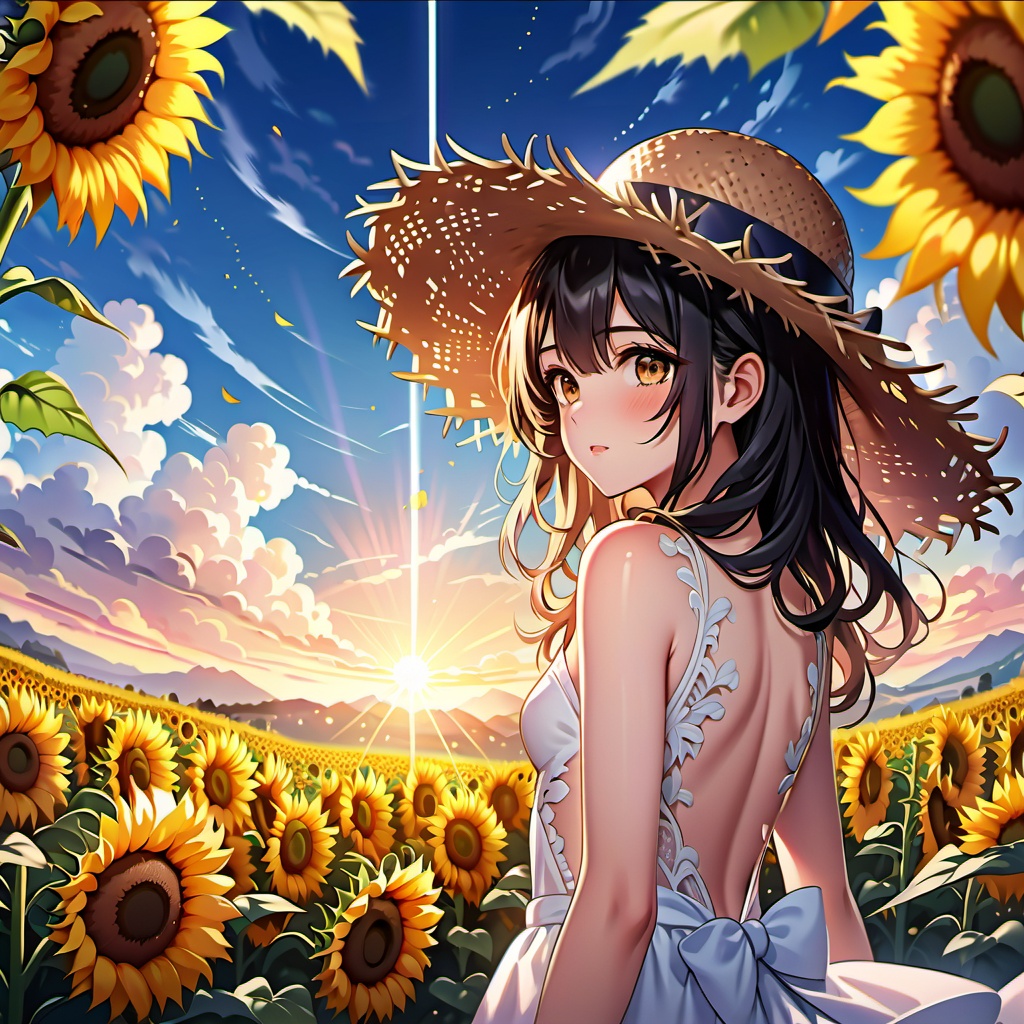 ((Girl in straw hat looking back in a field of sunflowers)),(backlight),(best illumination, best shadow, an extremely delicate and beautiful),Girl on the center axis of the picture,small breasts,((Sunflowers with the ultimate in detail)),beautiful detailed sky,Perfect body,(beautiful detailed face),extremely delicate and beautiful girls,Sunflower fields at sunset,sunset,black hair,beautiful detailed cloud,(((extremely detailed CG unity 8k wallpaper, masterpiece, best quality, ultra-detailed))),dynamic angle,floating,finely detail,(bloom),(shine),glinting stars,feather,nature,(sunlight),fairyland,(((The character is in the center of the frame))),