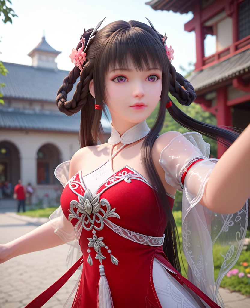 (oriental architecture, elegant decor, sophisticated style:1.1),practicing Martial arts,(breasts:1.2),<lora:XL完美世界少女火灵儿:0.9>,miss huolinger,solo,red corset with white minidress underneath,see-through fart curtain,see-through sleeves,purple eyes,bangs,hair rings,hair flower,black hair,long hair,hanging hair,twintails,tassel,, zPDXL2, score_9, score_8_up, score_7_up BREAK realistic, masterpiece,best quality, highly detailed,, zPDXL3, zPDXL2,zPDXL, zPDXLxxx, zPDXLrl,