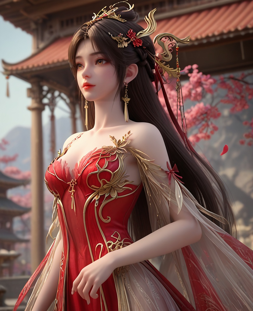(oriental architecture, elegant decor, sophisticated style:1.1),Walking away with a purposeful stride, one hand casually in a pocket,,(breasts:1.2),<lora:XL16完美世界火灵儿婚服:0.95>,chinese bride,red corset gown,brown eyes,black hair,hair ornament,half-up crown braid with long cascading hair,jewelry,earrings,wide flowing sleeves,see-through,, zPDXL2, score_9, score_8_up, score_7_up BREAK realistic, masterpiece,best quality, highly detailed,, zPDXL3, zPDXL2,zPDXL, zPDXLxxx, zPDXLrl,