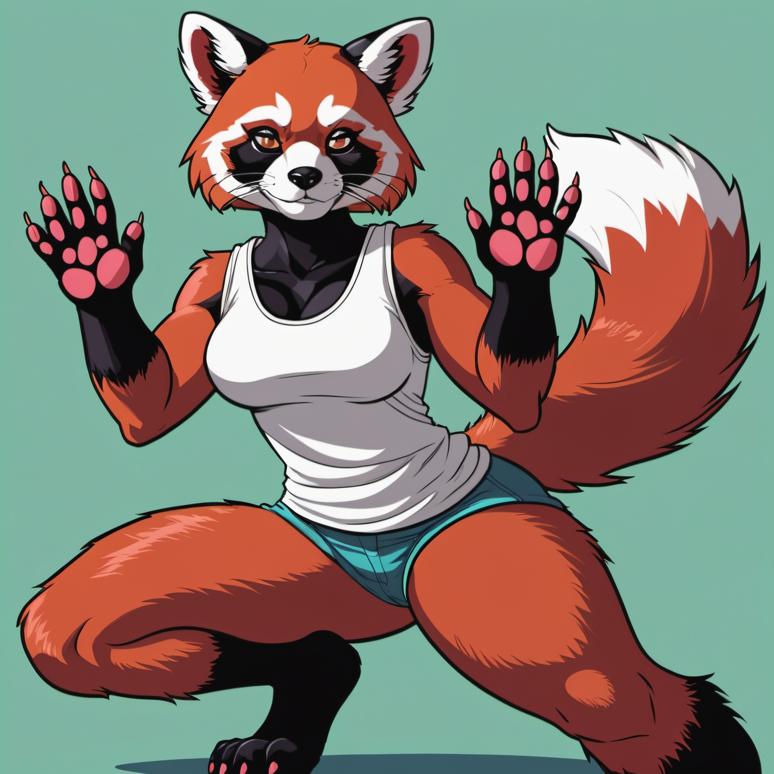 Closeup of an anthro furry red panda female wearing a loose white **** top,  paws,  paw pads towards viewer on Tensor.Art
