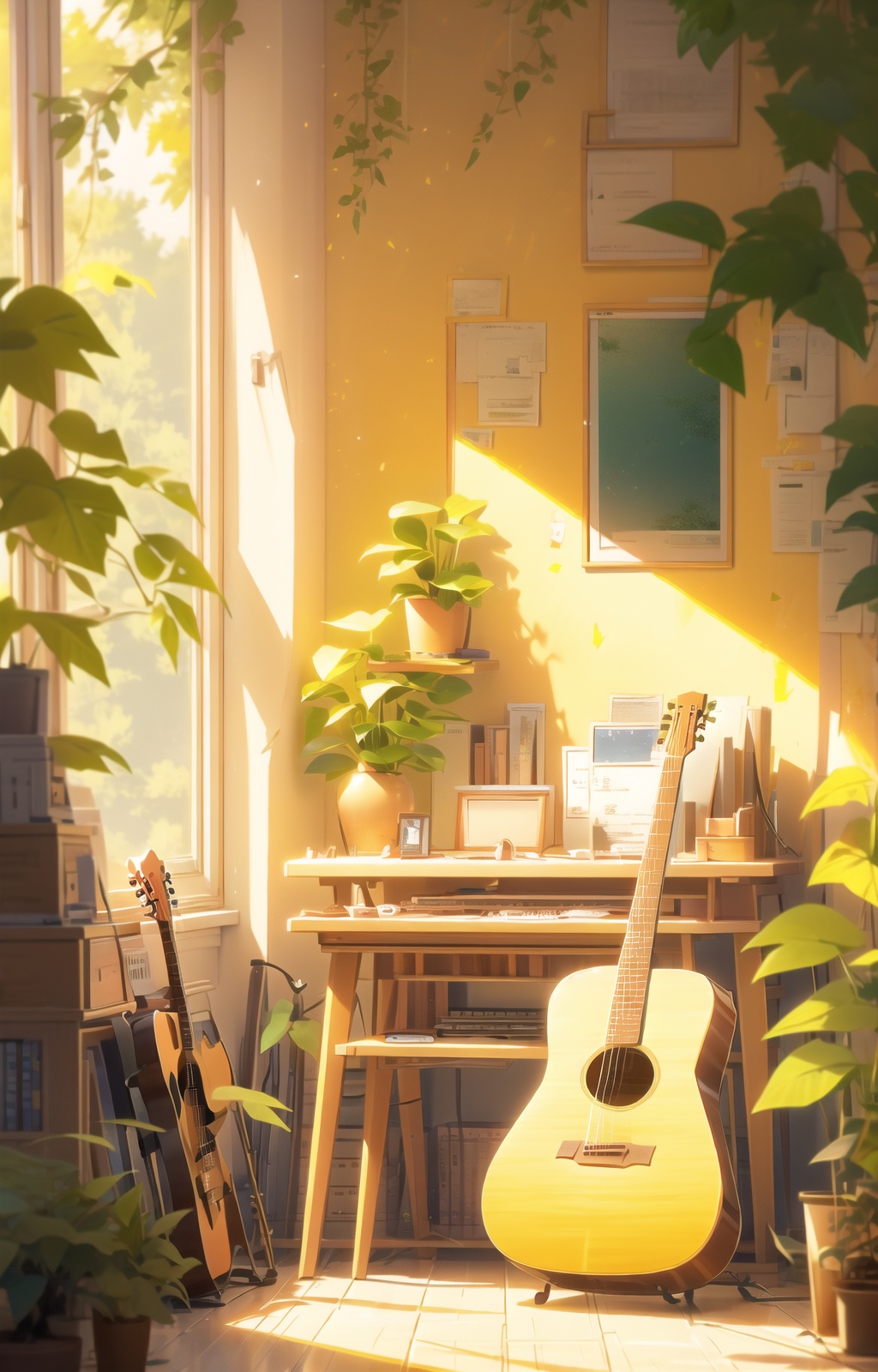 fangjian2,guitar,no humans,instrument,plant,window,scenery,lamp,chair,book,sunlight,shelf,acoustic guitar,indoors,flower pot,desk,<lora:fangjian2:1>,