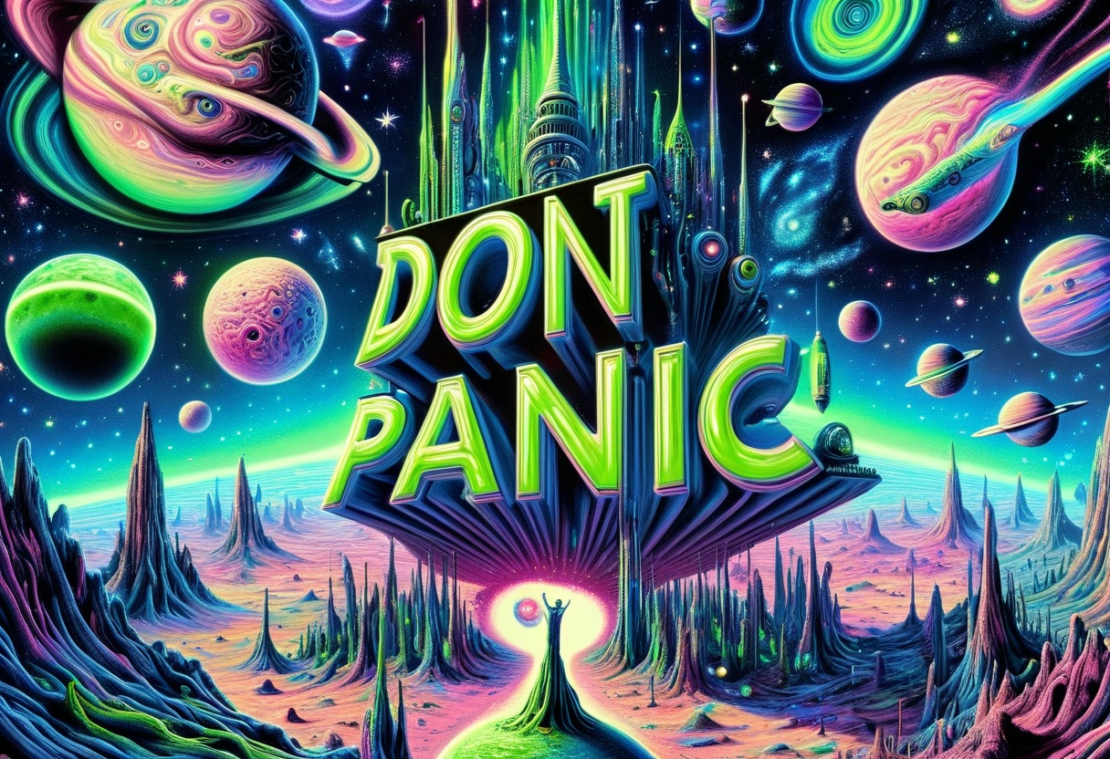 DonMD0n7P4n1cXL,  text "DON'T PANIC!",  hyper detailed masterpiece on Tensor.Art