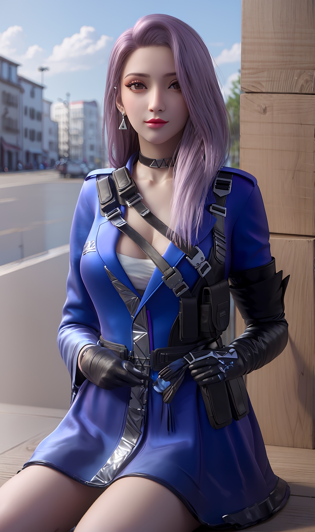 3D,masterpiece,(best quality),(makeup),official art, extremely detailed cg 8k wallpaper,((crystalstexture skin)), (extremely delicate and beautiful),(highly detailed),(1girl), (solo), (jewelry), (earrings),(purple__hair),(long_hair),(hair_ornament),(handwear),(sitting),(breast:1.000),(cleavage:1.000),,,((upper_body)),(collar:1.000),(gloves:1.000),(policewoman:1.000),(chinese_clothes:1.000),(blue_dress:0.999),,(multicolored_clothes:1.000),(multicolored_dress:1.000),,(gloves:1.000),(belt:0.999),,(blue_jacket:1.000),(coat:1.000),(sunshine, outdoor),((looking_at_viewer)),((Facing the camera)), , <lora:hipoly3DModelLora_v10:0.3>