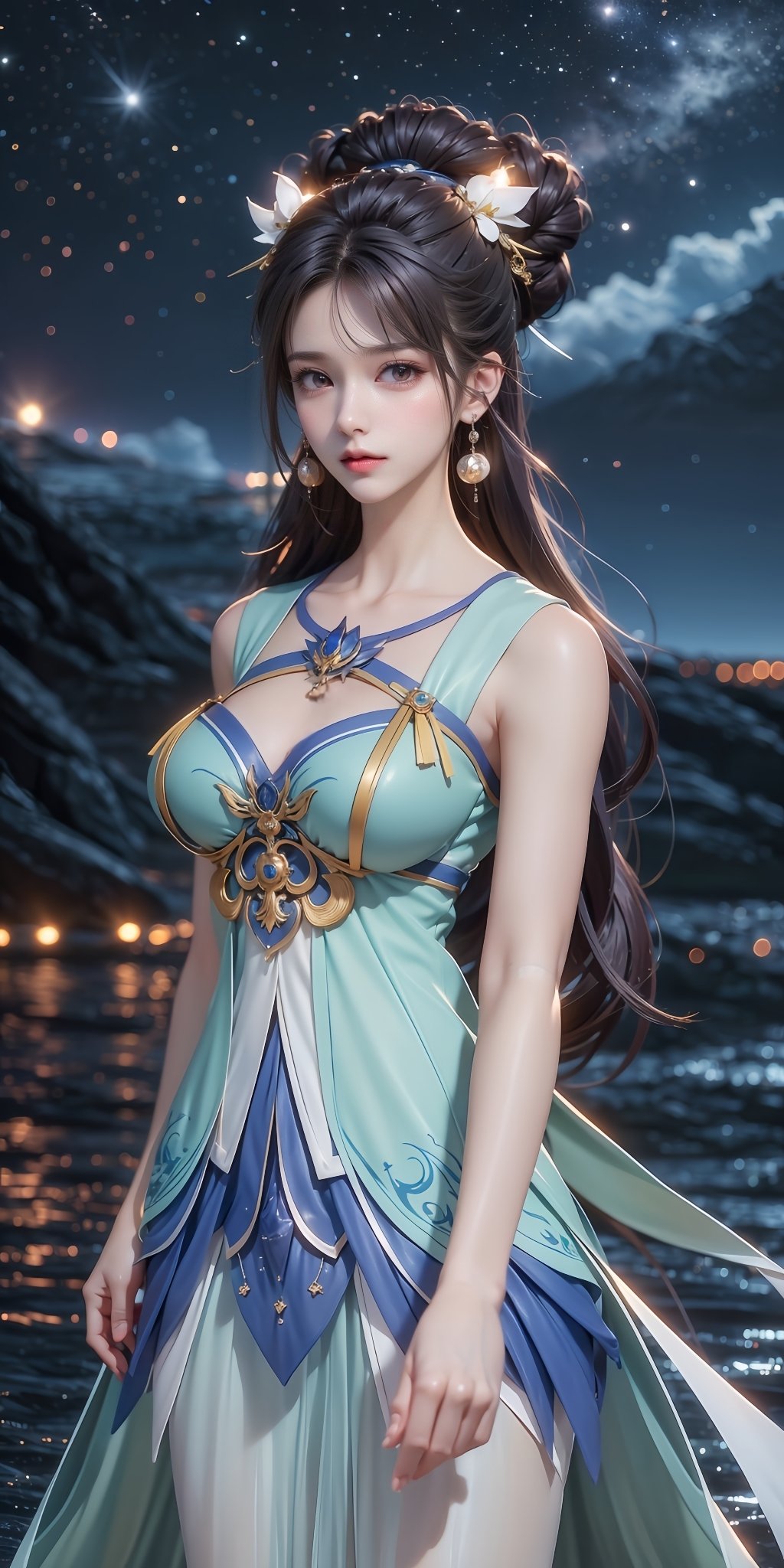 <lora:CE_20240228222732-000006:0.75>,CE,scenery,sky,night,outdoors,light particles,star \(sky\),horizon,bokeh,blurry,night sky,cloud,starry sky,depth of field,1girl,jewelry,upper body,(close-up:1.1),hair bun,solo,black hair,dress,hair ornament,earrings,bracelet,blue eyes,anklet,looking at viewer,long hair,forehead mark,high_heels,chinese clothes,dress,hair rings,<lora:MHB:0.2>,<lora:HDR:0.5>,, (raw photo:1.2),((photorealistic:1.4))best quality,masterpiece,illustration,an extremely delicate and beautiful,extremely detailed,CG,unity,8k wallpaper,Amazing,finely detail,masterpiece,best quality,official art,extremely detailed CG unity 8k wallpaper,absurdres,incredibly absurdres,huge filesize,ultra-detailed,highres,extremely detailed,beautiful detailed girl,cinematic lighting,1girl,pale skin,tall female,(perfect body shape),skinny body,Slender legs,, (Cowboy shot,Distant view,telechoto:1.1)