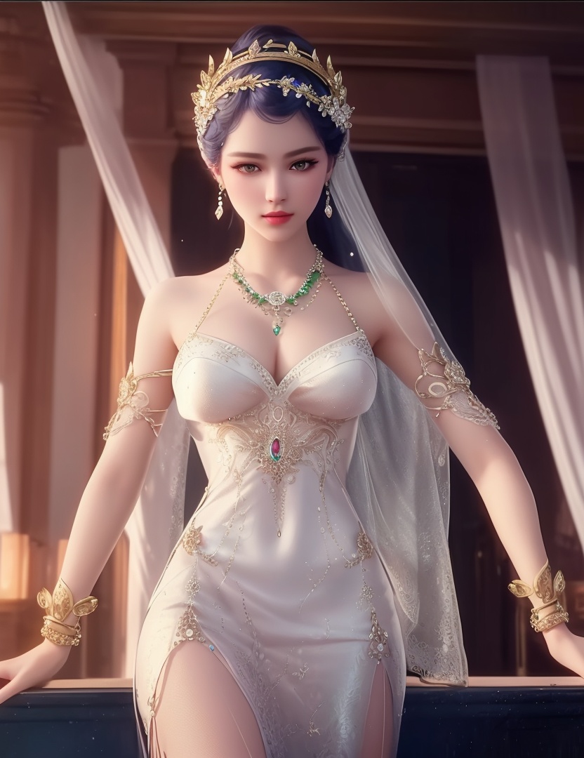 ultra realistic 8k cg, picture-perfect face, flawless, clean, masterpiece, professional artwork, famous artwork, cinematic lighting, cinematic bloom, perfect face, beautiful face, fantasy, dreamlike, unreal, science fiction,  beautiful clothes, lace, lace trim, lace-trimmed legwear,  (rich:1.4), prestige, luxury, jewelry, diamond, gold, pearl, gem, sapphire, ruby, emerald, intricate detail, delicate pattern, charming, alluring, seductive, erotic, enchanting, hair ornament, necklace, earrings, bracelet, armlet,halo((,1girl, pov,))(((,  1girl,  solo,looking at viewer, ))),(((1girl, solo, dress, jewelry)))<lora:DA_WhiteSnakeGreenSnake:0.7>