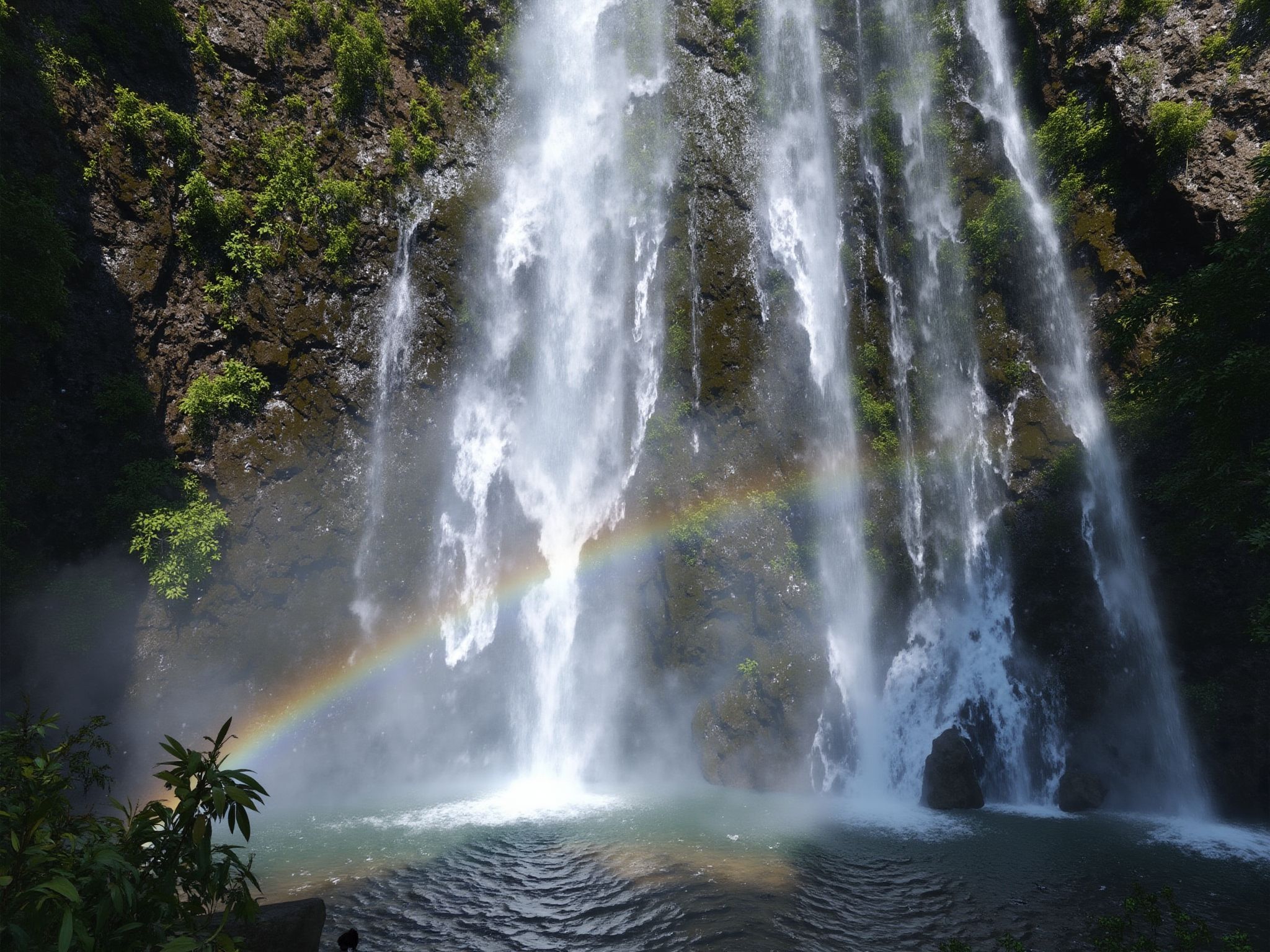 The image depicts a majestic waterfall cascading down a rocky cliff face, surrounded by lush vegetation. The water's force creates a mist that catches the sunlight, forming a rainbow. The base of the falls is a pool of deep, clear water, and the sound of the falling water fills the air with a soothing, rhythmic roar. <lora:S_BLACKGROUD_:1>