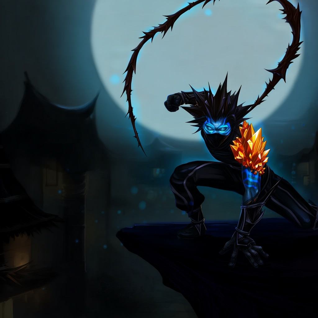 Digital illustration of a male humanoid ninja character in a dynamic crouching pose on a dark rocky outcrop,  featuring gl...