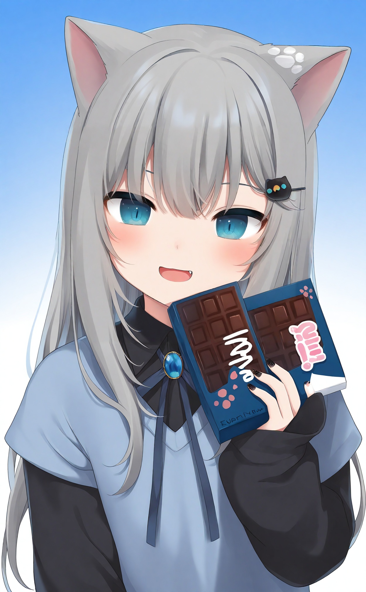 masterpiece,absurdres,best quality,loli,petite,high quality,chromatic_aberration,//,1girl, grey_hair, animal_ears, solo, hair_ornament, chocolate_bar, cat_ears, shirt, upper_body, food, long_hair, long_sleeves, hairclip, smile, blue_eyes, sleeves_past_wrists, chocolate, looking_at_viewer, fang, gradient_background, black_shirt, holding, nail_polish, :d, collared_shirt, brooch, candy, white_background, black_nails, :3, open_mouth, cat_girl, blush, blue_background, holding_food, puffy_sleeves, eyebrows_hidden_by_hair, sweater, neck_ribbon, hair_between_eyes, dress_shirt, virtual_youtuber, jewelry, puffy_long_sleeves, ribbon//,//,<lora:gancheng——【noob】hans:0.88>,