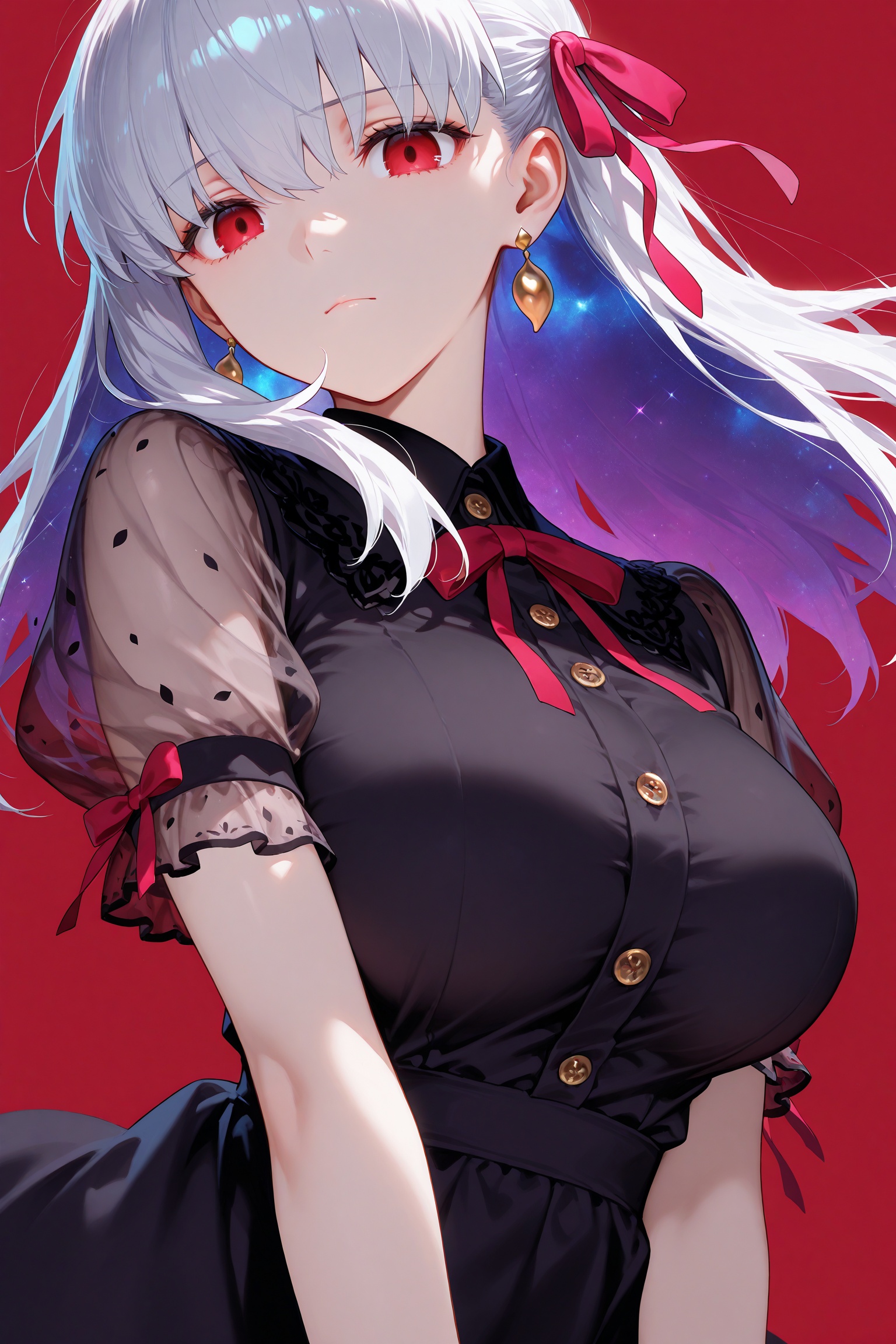 1girl,solo,earrings,jewelry,red eyes,red background,breasts,ribbon,long hair,looking at viewer,hair ribbon,simple background,kama \(fate\),bangs,see-through,black dress,large breasts,red ribbon,matou sakura,short sleeves,dress,grey hair,closed mouth,see-through sleeves,red bow,buttons,bow,white hair,puffy sleeves,