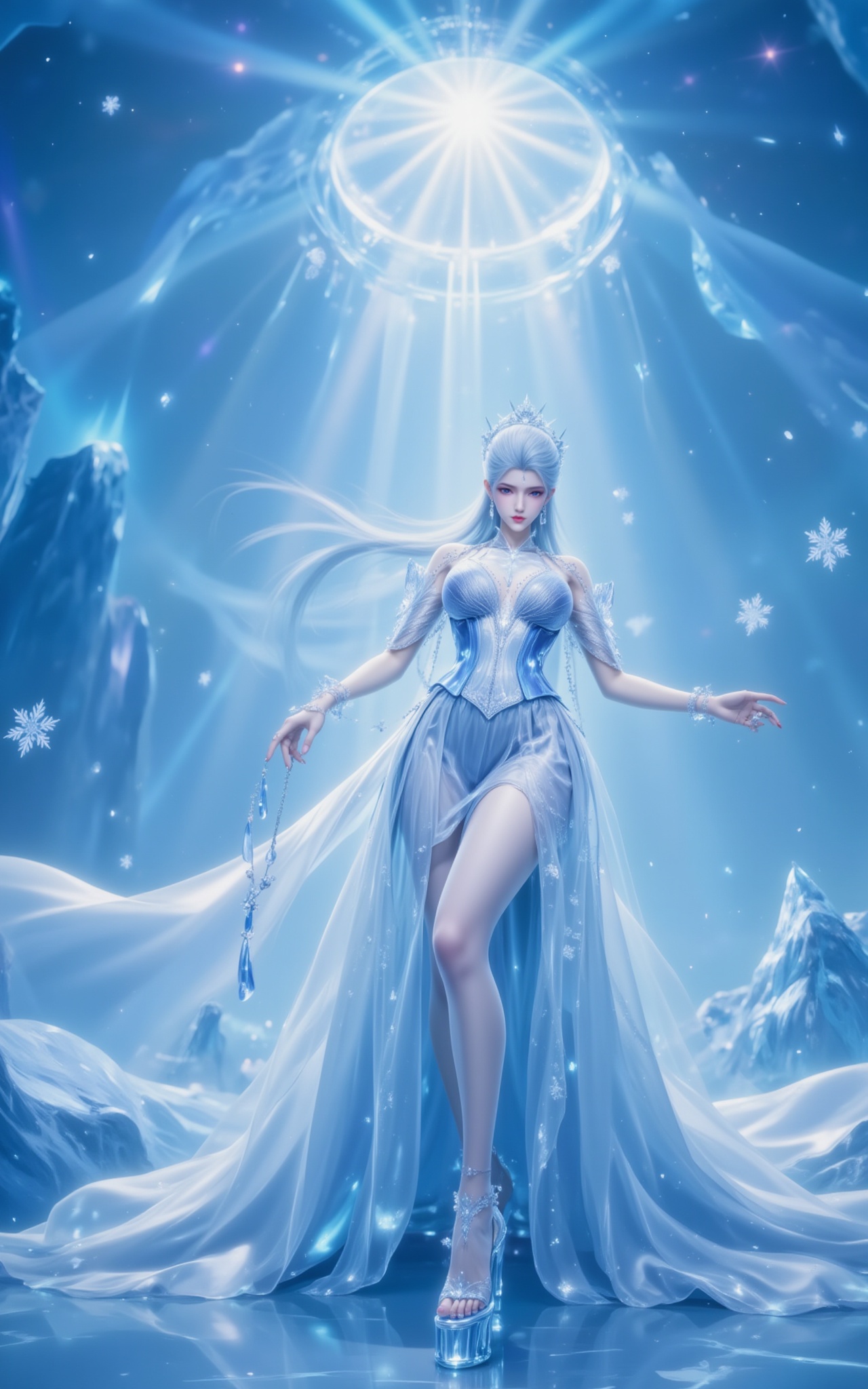 <lora:雪帝8:1.1>,xuedi,white hair,long hair,Inside the glacial palace,aurora light filters through the icy dome,making Snow Emperor's ombré gown shimmer like liquid frost. Her sapphire-platform heels click against the ice as she leans forward,the dress's crystal embroidery dancing with snowflakes. Diamond earrings cast cerulean shadows across her décolletage.,Sunlight refracting through her curves fills the temple with prismatic halos. The reverent low-angle shot frames her amidst floating ice crystals,with 8K resolution revealing the frozen floral patterns in her azure eyes and each hand-sewn snowflake on the tulle.,<lora:DJ滤镜_2.5D版:0.2>,lvjing,<lora:绚丽多彩·优化9:0.3>,lvjing,