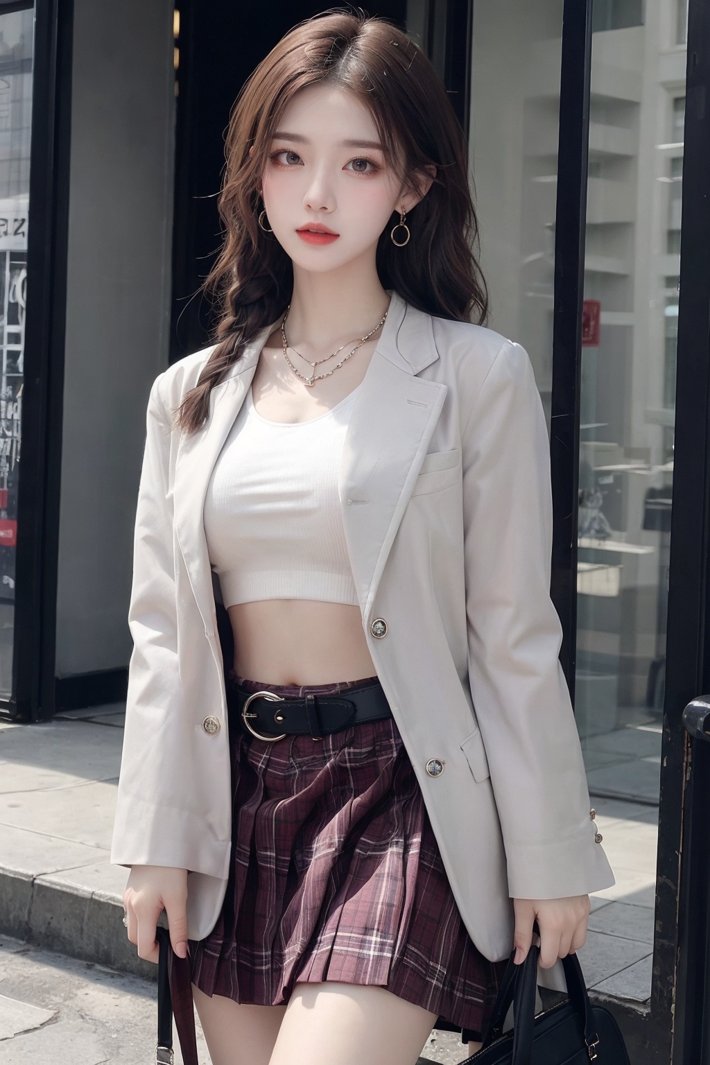 1girl, belt, bracelet, braid, breasts, earrings, jacket, jewelry, long hair, looking at viewer, midriff, nail polish, necklace, open clothes, plaid, plaid skirt, ring, skirt, solo  <lora:jk美女:0.66>